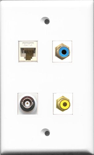 RiteAV 1 Port RCA Yellow and 1 Port RCA Blue and 1 Port BNC and 1 Port Cat6 Ethernet White Wall Plate