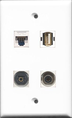 RiteAV 1 Port USB A-A and 1 Port Toslink and 1 Port 3.5mm and 1 Port Cat5e Ethernet White Wall Plate