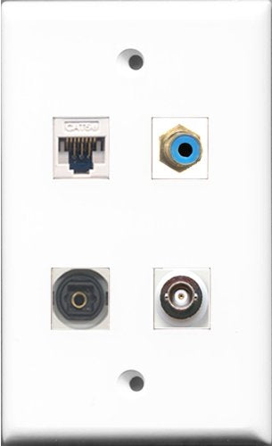 RiteAV 1 Port RCA Blue and 1 Port Toslink and 1 Port BNC and 1 Port Cat5e Ethernet White Wall Plate