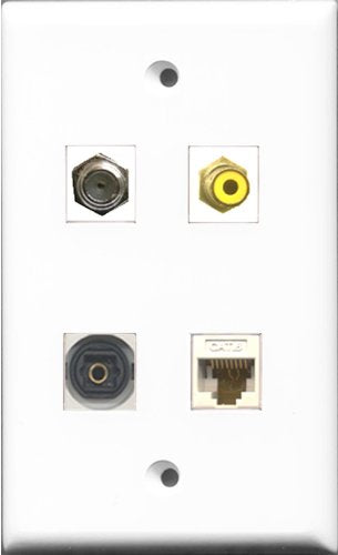 RiteAV 1 Port RCA Yellow and 1 Port Coax Cable TV- F-Type and 1 Port Toslink and 1 Port Cat6 Ethernet White Wall Plate