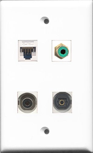 RiteAV 1 Port RCA Green and 1 Port Toslink and 1 Port 3.5mm and 1 Port Cat5e Ethernet White Wall Plate