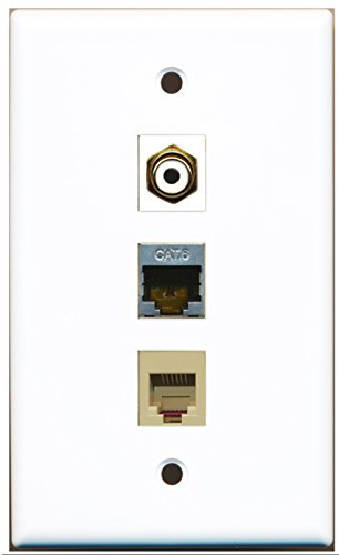 RiteAV - 1 Port RCA White and 1 Port Phone RJ11 RJ12 Beige and 1 Port Shielded Cat6 Ethernet Wall Plate