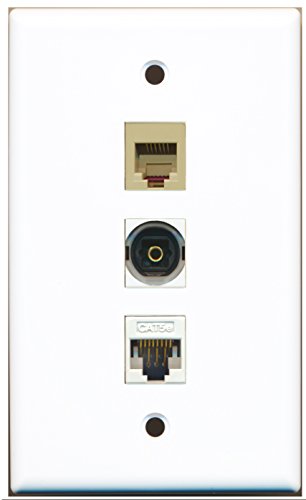 RiteAV - 1 Port Phone RJ11 RJ12 Beige and 1 Port Toslink and 1 Port Cat5e Ethernet White Wall Plate
