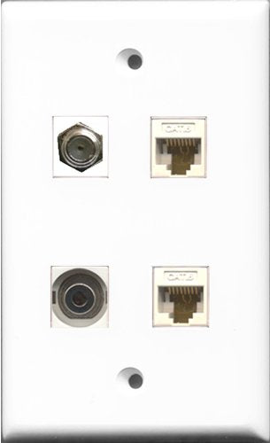 RiteAV 1 Port Coax Cable TV- F-Type and 1 Port 3.5mm 2 Port Cat6 Ethernet White Wall Plate