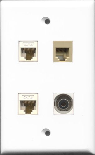 RiteAV 1 Port Phone RJ11 RJ12 Beige and 1 Port 3.5mm 2 Port Cat6 Ethernet White Wall Plate