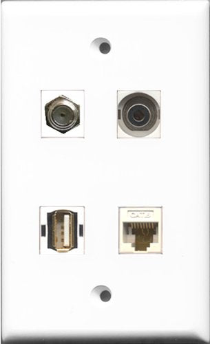 RiteAV 1 Port Coax Cable TV- F-Type and 1 Port USB A-A and 1 Port 3.5mm and 1 Port Cat6 Ethernet White Wall Plate