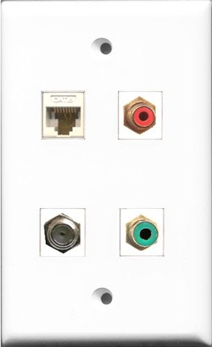 RiteAV 1 Port RCA Red and 1 Port RCA Green and 1 Port Coax Cable TV- F-Type and 1 Port Cat6 Ethernet White Wall Plate