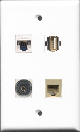 RiteAV 1 Port USB A-A and 1 Port Phone RJ11 RJ12 Beige and 1 Port Toslink and 1 Port Cat5e Ethernet White Wall Plate