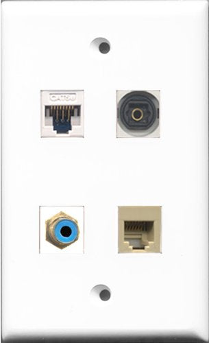 RiteAV 1 Port RCA Blue and 1 Port Phone RJ11 RJ12 Beige and 1 Port Toslink and 1 Port Cat5e Ethernet White Wall Plate