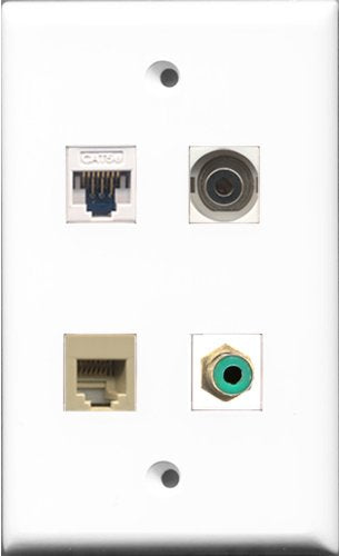 RiteAV - 1 Port RCA Green and 1 Port Phone RJ11 RJ12 Beige and 1 Port 3.5mm and 1 Port Cat5e Ethernet White Wall Plate