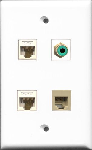 RiteAV 1 Port RCA Green and 1 Port Phone RJ11 RJ12 Beige 2 Port Cat6 Ethernet White Wall Plate