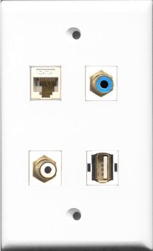 RiteAV 1 Port RCA White and 1 Port RCA Blue and 1 Port USB A-A and 1 Port Cat6 Ethernet White Wall Plate