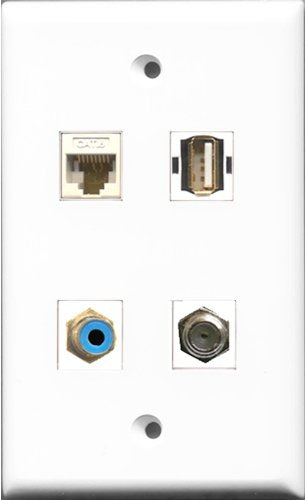 RiteAV 1 Port RCA Blue and 1 Port Coax Cable TV- F-Type and 1 Port USB A-A and 1 Port Cat6 Ethernet White Wall Plate