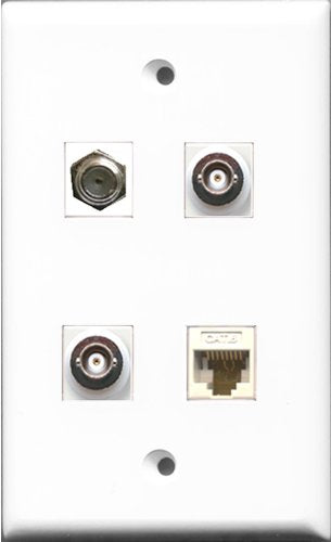 RiteAV 1 Port Coax Cable TV- F-Type 2 Port BNC and 1 Port Cat6 Ethernet White Wall Plate