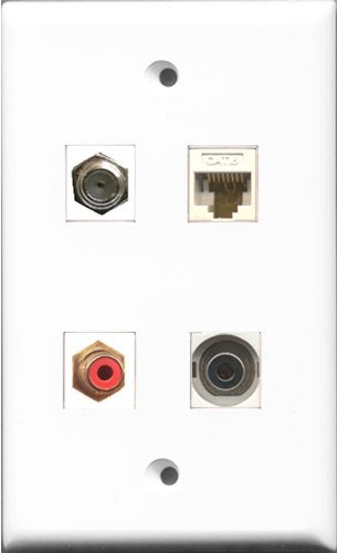 RiteAV 1 Port RCA Red and 1 Port Coax Cable TV- F-Type and 1 Port 3.5mm and 1 Port Cat6 Ethernet White Wall Plate