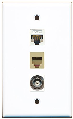 RiteAV - 1 Port Phone RJ11 RJ12 Beige and 1 Port BNC and 1 Port Cat5e Ethernet White Wall Plate