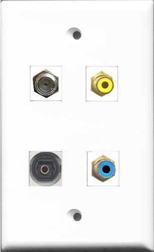 RiteAV 1 Port RCA Yellow and 1 Port RCA Blue and 1 Port Coax Cable TV- F-Type and 1 Port Toslink Wall Plate