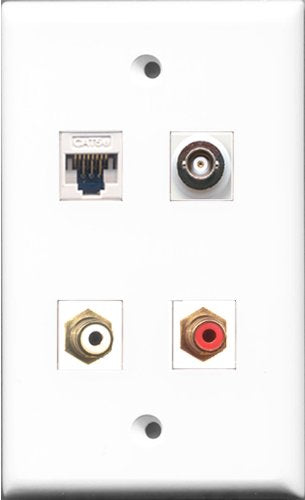 RiteAV - 1 Port RCA Red and 1 Port RCA White and 1 Port BNC and 1 Port Cat5e Ethernet White Wall Plate