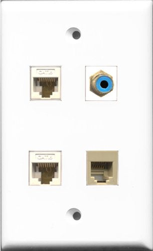 RiteAV 1 Port RCA Blue and 1 Port Phone RJ11 RJ12 Beige 2 Port Cat6 Ethernet White Wall Plate