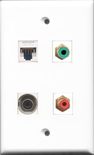 RiteAV 1 Port RCA Red and 1 Port RCA Green and 1 Port 3.5mm and 1 Port Cat5e Ethernet White Wall Plate