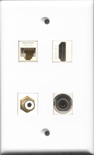 RiteAV 1 Port HDMI and 1 Port RCA White and 1 Port 3.5mm and 1 Port Cat6 Ethernet White Wall Plate