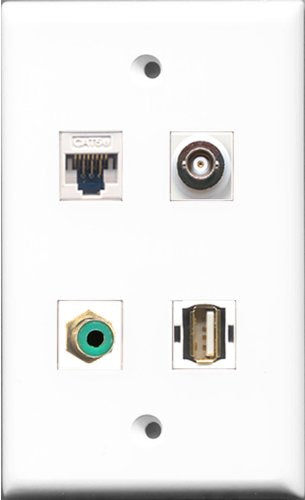 RiteAV - 1 Port RCA Green and 1 Port USB A-A and 1 Port BNC and 1 Port Cat5e Ethernet White Wall Plate