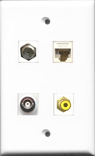 RiteAV 1 Port RCA Yellow and 1 Port Coax Cable TV- F-Type and 1 Port BNC and 1 Port Cat6 Ethernet White Wall Plate