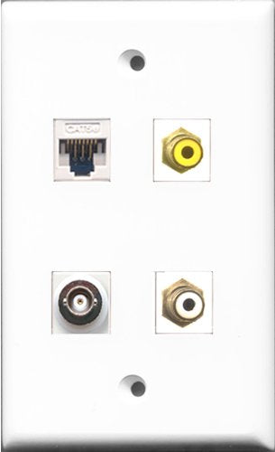 RiteAV 1 Port RCA White and 1 Port RCA Yellow and 1 Port BNC and 1 Port Cat5e Ethernet White Wall Plate