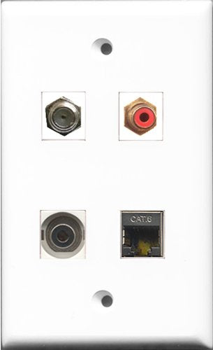RiteAV 1 Port RCA Red and 1 Port Coax Cable TV- F-Type and 1 Port Shielded Cat6 Ethernet and 1 Port 3.5mm Wall Plate