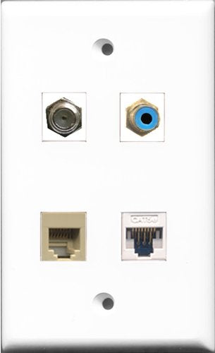RiteAV 1 Port RCA Blue and 1 Port Coax Cable TV- F-Type and 1 Port Phone RJ11 RJ12 Beige and 1 Port Cat5e Ethernet White Wall Plate