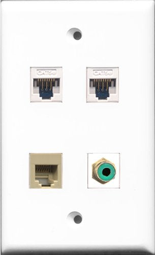 RiteAV - 1 Port RCA Green and 1 Port Phone RJ11 RJ12 Beige 2 Port Cat5e Ethernet White Wall Plate