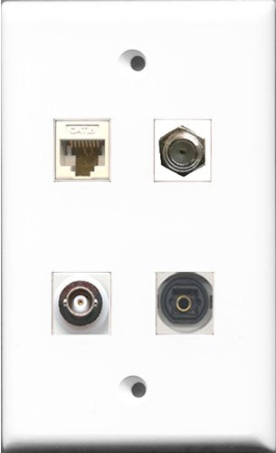 RiteAV 1 Port Coax Cable TV- F-Type and 1 Port Toslink and 1 Port BNC and 1 Port Cat6 Ethernet White Wall Plate