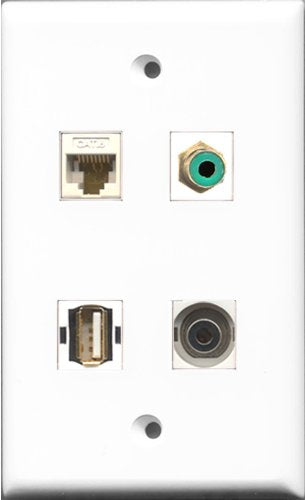 RiteAV 1 Port RCA Green and 1 Port USB A-A and 1 Port 3.5mm and 1 Port Cat6 Ethernet White Wall Plate