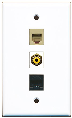 RiteAV - 1 Port RCA Yellow and 1 Port Phone RJ11 RJ12 Beige and 1 Port Cat5e Ethernet Black Wall Plate