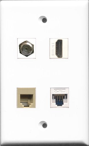 RiteAV 1 Port HDMI and 1 Port Coax Cable TV- F-Type and 1 Port Phone RJ11 RJ12 Beige and 1 Port Cat5e Ethernet White Wall Plate