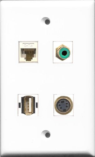 RiteAV 1 Port RCA Green and 1 Port USB A-A and 1 Port S-Video and 1 Port Cat6 Ethernet White Wall Plate