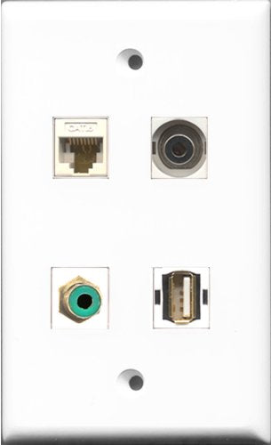 RiteAV 1 Port RCA Green and 1 Port USB A-A and 1 Port 3.5mm and 1 Port Cat6 Ethernet White Wall Plate