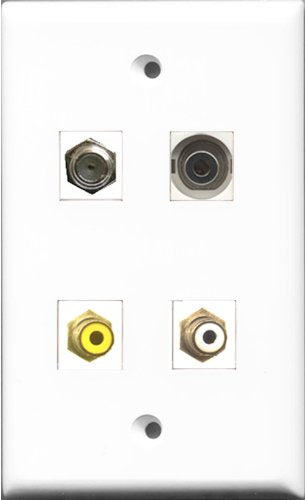 RiteAV 1 Port RCA White and 1 Port RCA Yellow and 1 Port Coax Cable TV- F-Type and 1 Port 3.5mm Wall Plate