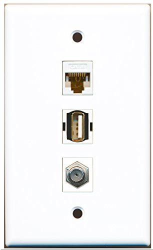 RiteAV - 1 Port Coax Cable TV- F-Type and 1 Port USB A-A and 1 Port Cat6 Ethernet White Wall Plate