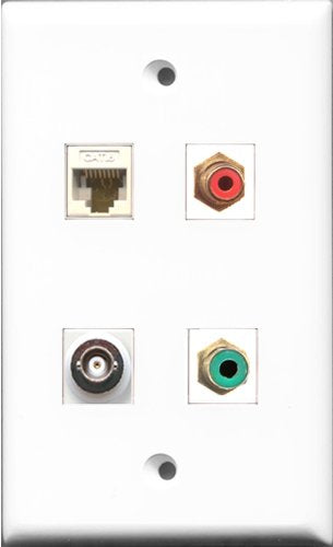 RiteAV 1 Port RCA Red and 1 Port RCA Green and 1 Port BNC and 1 Port Cat6 Ethernet White Wall Plate