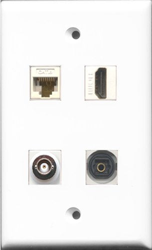 RiteAV 1 Port HDMI and 1 Port Toslink and 1 Port BNC and 1 Port Cat6 Ethernet White Wall Plate