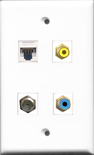 RiteAV 1 Port RCA Yellow and 1 Port RCA Blue and 1 Port Coax Cable TV- F-Type and 1 Port Cat5e Ethernet White Wall Plate