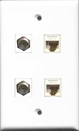 RiteAV - 2 Port Coax Cable TV- F-Type 2 Port Cat6 Ethernet White Wall Plate