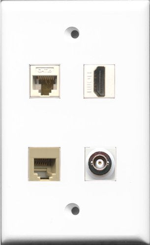 RiteAV 1 Port HDMI and 1 Port Phone RJ11 RJ12 Beige and 1 Port BNC and 1 Port Cat6 Ethernet White Wall Plate