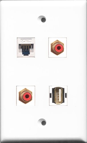 RiteAV - 2 Port RCA Red and 1 Port USB A-A and 1 Port Cat5e Ethernet White Wall Plate