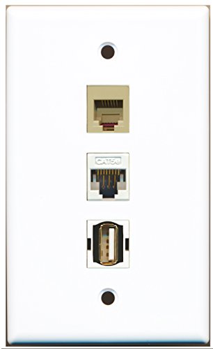 RiteAV - 1 Port USB A-A 1 Phone RJ11 RJ12 Beige 1 Cat5e Ethernet White Wall Plate