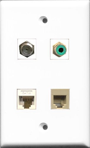 RiteAV 1 Port RCA Green and 1 Port Coax Cable TV- F-Type and 1 Port Phone RJ11 RJ12 Beige and 1 Port Cat6 Ethernet White Wall Plate