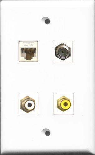 RiteAV 1 Port RCA White and 1 Port RCA Yellow and 1 Port Coax Cable TV- F-Type and 1 Port Cat6 Ethernet White Wall Plate