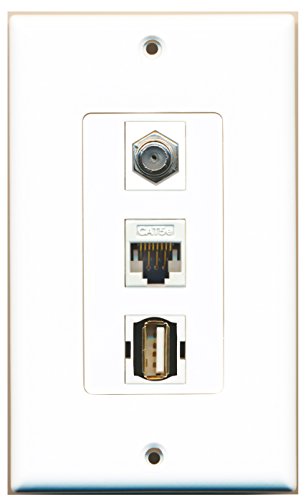 RiteAV - 1 Port Coax Cable TV- F-Type and 1 Port USB A-A and 1 Port Cat5e Ethernet White Decorative Wall Plate