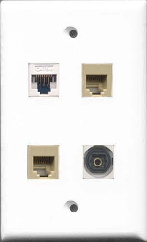 RiteAV - 2 Port Phone RJ11 RJ12 Beige and 1 Port Toslink and 1 Port Cat5e Ethernet White Wall Plate